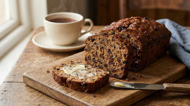 Traditional Welsh Bara Brith Fruit Tea Loaf Sliced with Butter