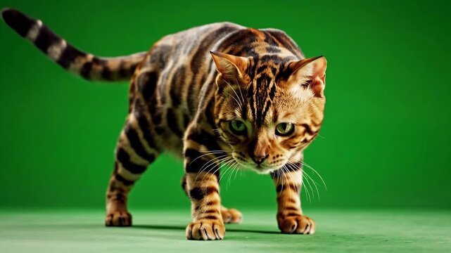 A beautiful Bengal cat with striking spotted fur walking directly toward the camera against a professional chroma key green screen background.