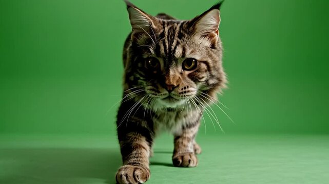 A majestic fluffy Maine Coon cat with thick tabby fur walking cautiously and crouching against a solid green screen background for easy chroma key compositing.