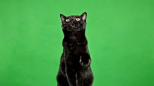 Funny black cat with an expressive face looking up and showing its teeth while raising its paw, isolated against a professional green screen background for easy chroma key editing.