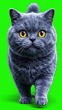 A fluffy British Shorthair cat with grey fur and yellow eyes walking forward towards the camera on a bright green screen background for video editing and compositing.