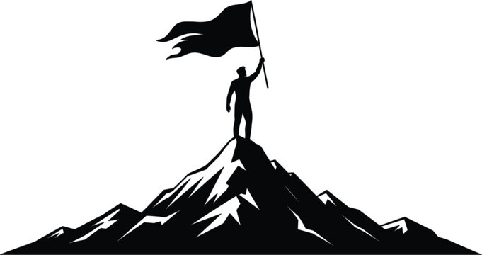 Man holding flag on mountain peak silhouette vector illustration representing success, leadership, achievement, and business goals for motivational posters, websites, and career branding.