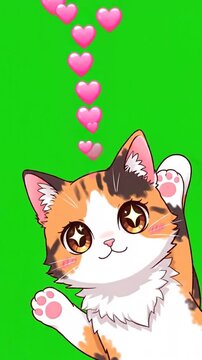 Adorable anime calico cat with sparkling eyes peeking from the side on a green screen background for video editing and compositing.