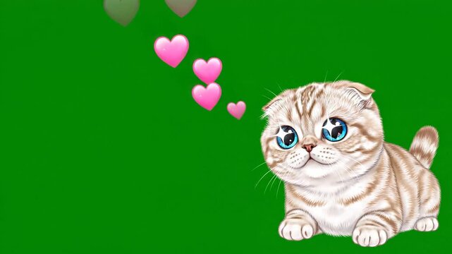 Adorable cartoon Scottish Fold kitten with sparkling blue eyes and floating pink hearts isolated on a green screen background for video editing and compositing.