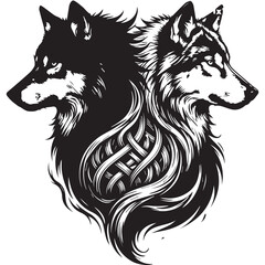 Fototapeta premium Double wolf head vector illustration with ornamental tribal pattern and artistic fur detail.