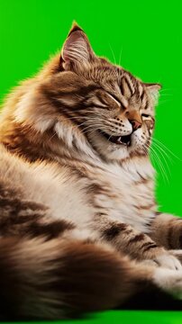 A fluffy long-haired tabby cat closing its eyes and smiling peacefully while sitting against a vibrant green screen background for easy keying in post-production.