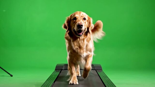 A happy golden retriever running on a fitness treadmill in front of a professional green screen background for video production and visual effects compositing.