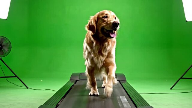 Energetic Golden Retriever dog running on a treadmill in a professional studio setup with a green screen background for chroma key compositing.