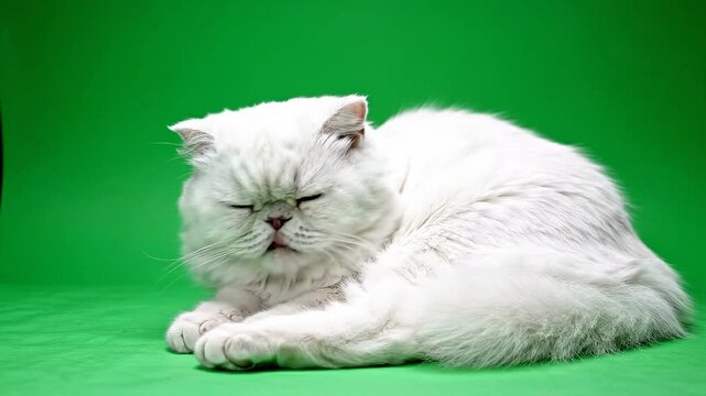 Adorable white fluffy Persian cat sleeping peacefully on a bright green screen background for easy keying and post-production composite work.