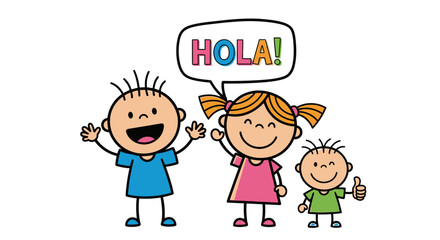 Happy stick figure family, including two children and a baby, waving and greeting with a speech bubble saying "HOLA!" on an isolated white background. © sanatun