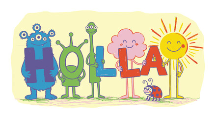 Cute Cartoon Monsters and Animals Spelling "HOLA" with Happy Sun and Cloud, in a whimsical playful setting. © sanatun