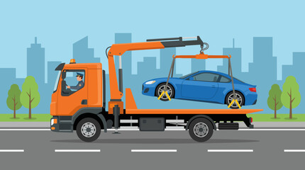 A tow truck is depicted lifting a blue car in an urban setting, illustrating urban transport services, and the importance of vehicle recovery in modern city life with a bright backdrop.
