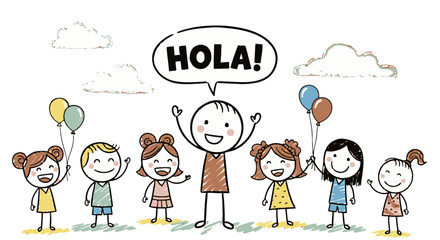 Group of Happy Stick Figure Children Waving and Greeting "HOLA!" with Balloons and Clouds, cheerful celebration. © sanatun