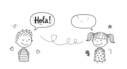 Cute Cartoon Boy and Girl Communicating, with "Hola!" in Speech Bubble, in simple doodle style. © sanatun
