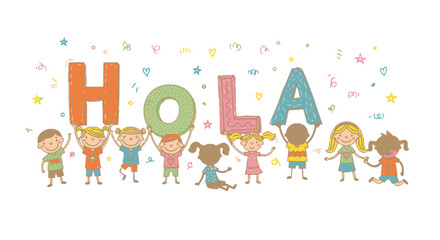 Diverse Group of Happy Children Holding Colorful "HOLA" Letters with Confetti and Hearts, cheerful mood. © sanatun
