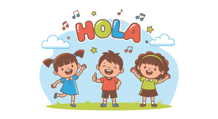 Group of Happy Smiling Children Waving and Greeting with "HOLA" Text and Musical Notes in Bright Outdoor Setting. © sanatun