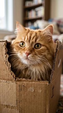 Adorable fluffy ginger cat peeking curiously through a torn hole in a cardboard box inside a cozy living room with soft natural lighting and blurred background.