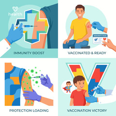Fototapeta premium An informative illustration depicting the vaccination process, focusing on immunity boosts, kids, and health assurance, promoting the benefits of vaccinations for public health.