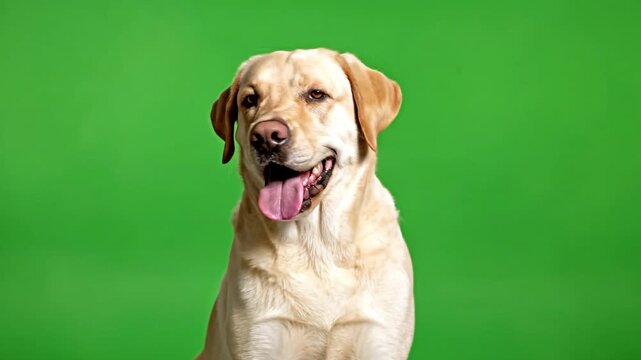 A happy yellow Labrador Retriever sitting and panting while looking off-camera against a solid green screen background for easy chroma keying and compositing.