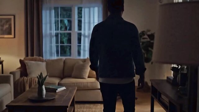 A young man in a denim jacket turns off a floor lamp in his cozy living room, creating a darker ambiance before he opens the front door to leave his home in the evening.