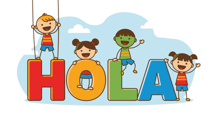 Happy diverse children playing and interacting with large colorful H-O-L-A letters, in a bright studio. © sanatun