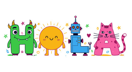 Cute playful monster, sun, robot, and cat characters forming the word H-O-L-A, on isolated white background. © sanatun