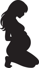 A minimalist silhouette of a pregnant woman kneeling while looking down at her growing baby bump