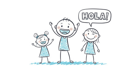 Happy boy and girl waving, shouting H-O-L-A word in speech bubble, on isolated white background. © sanatun