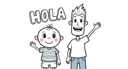 Happy baby boy and adult man waving, saying H-O-L-A word in speech bubble, on isolated white background. © sanatun