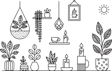 Fototapeta premium Minimal Line Art Interior with Tropical Plants – Modern Outline Home Illustration