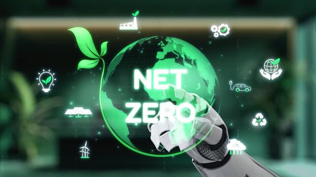 A robotic hand interacts with a digital representation of Earth, emphasizing net zero ambitions and sustainable practices through various environmental icons and symbols. Auvana