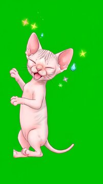 Cute 3D animated pink hairless Sphynx cat peeking from the side with a cheerful expression and sparkling magic stars on a green screen background for video editing.