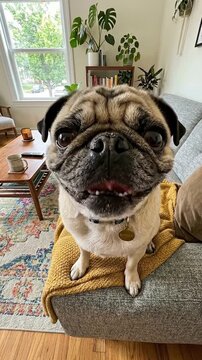 Adorable pug dog sitting patiently on a comfortable grey sofa in a stylishly decorated modern living room filled with green houseplants and natural light.