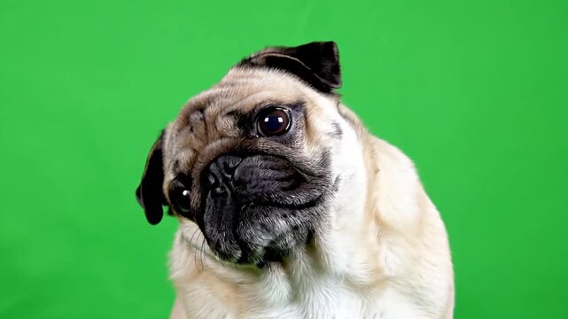 Portrait of a curious pug dog with a wrinkled face looking at the camera against a professional green screen background for easy compositing and video editing.