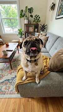 Adorable pug dog sitting on a gray sofa in a cozy modern living room with houseplants and wooden furniture