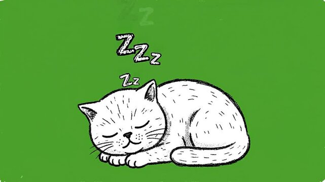 A minimalist hand-drawn illustration of a cute white cat sleeping peacefully on a solid green background with Zzz symbols indicating deep sleep.