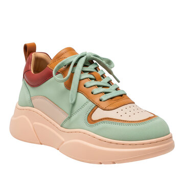 A green and orange sneaker with a thick sole isolated on transparent background