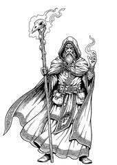 Ancient Nordic Wizard Holding Mystic Staff &ndash; Fantasy Sorcerer Character Vector Line Art