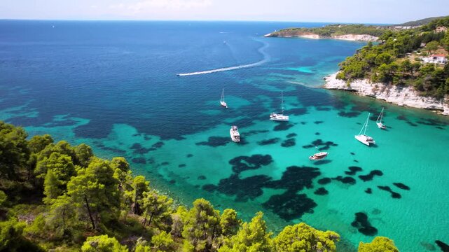 Alonissos Greece Milia Beach Aerial Drone 4K Video Smooth Orbit of Semicircle Bay with Turquoise Caribbean Style Sea Lush Green Pine Trees and Luxury Yachts Northern Sporades Islands Scenic View