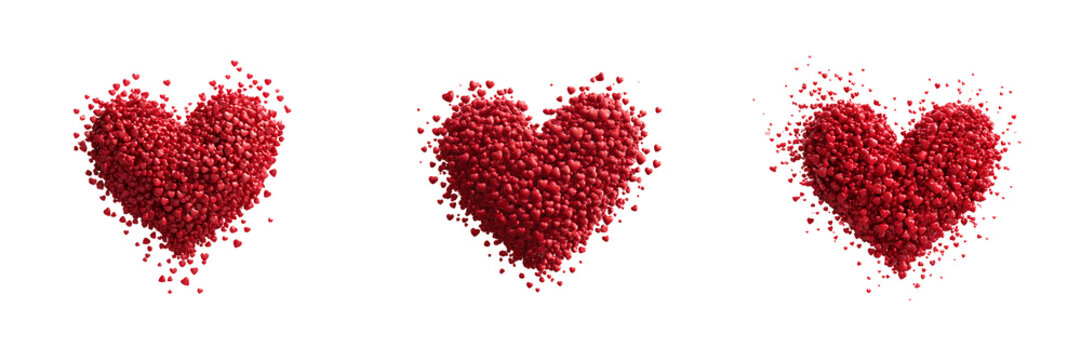 Set of Red hearts flying and exploding as if in celebration on transparent png background. Ai generated
