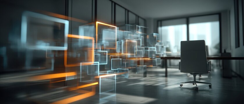 Futuristic tech startup office urban setting hyper-realistic digital workspace modern environment innovative viewpoint