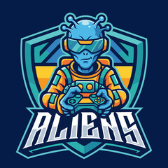 Fototapeta premium This vibrant image features a blue alien character wearing stylish sunglasses and an orange suit while playing video games, emphasizing gaming culture and extraterrestrial themes.