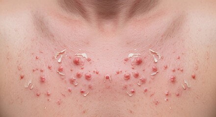 Fototapeta premium A close-up view of inflamed skin rash with pustules and peeling skin on a person's upper chest area