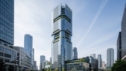 Naklejka premium A sleek modern skyscraper stands tall in a bustling urban cityscape
