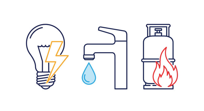 Comprehensive representation of essential household utilities electricity, water, and gas, depicted with modern line art icons for resource management and daily living