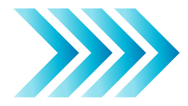 Four blue chevron arrows pointing right, abstract graphic design, next step concept, motion forward symbol, white background, play button, progress bar