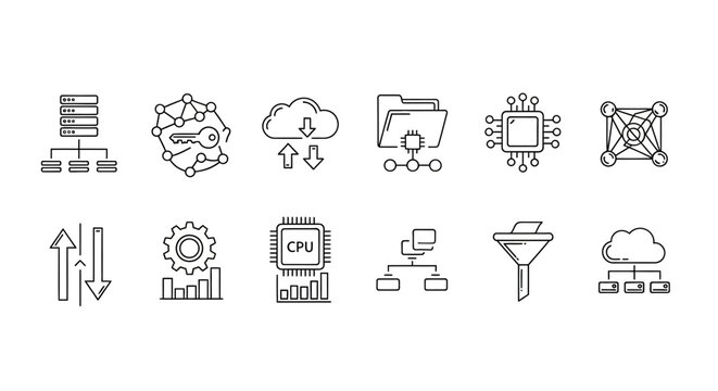Essential set of line icons depicting cloud computing, data management, server infrastructure, and network technology for digital systems and modern projects