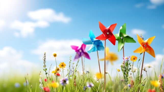 Colorful Pinwheels Spinning in the Wind Against a Bright Sky