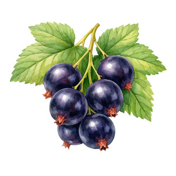 A watercolor illustration of blackcurrant berries on branch for botanical fruit designs, fresh berry illustrations, and natural food themed artwork