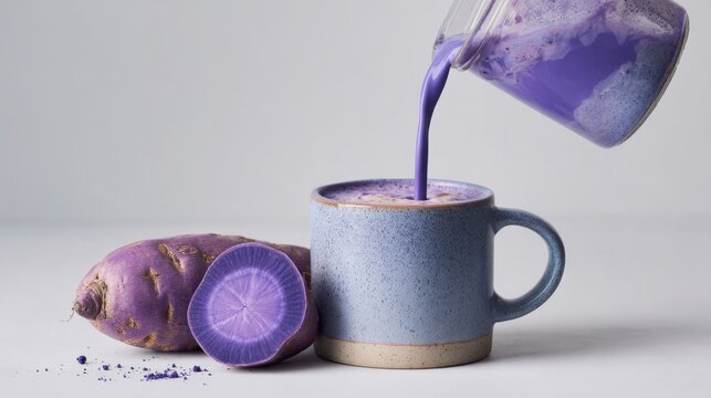 Pouring hot purple ube latte into ceramic mug with fresh yams